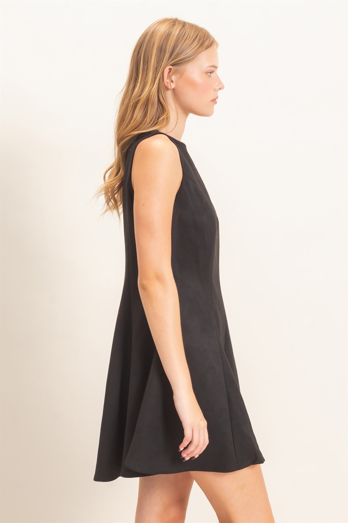 Flared Sleeveless Suede Mini Dress