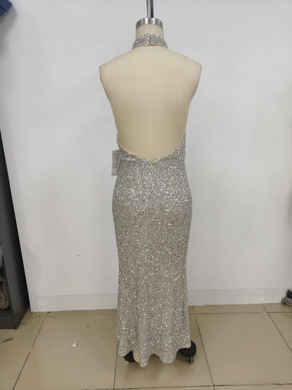 choker cowl neck sequin maxi dress