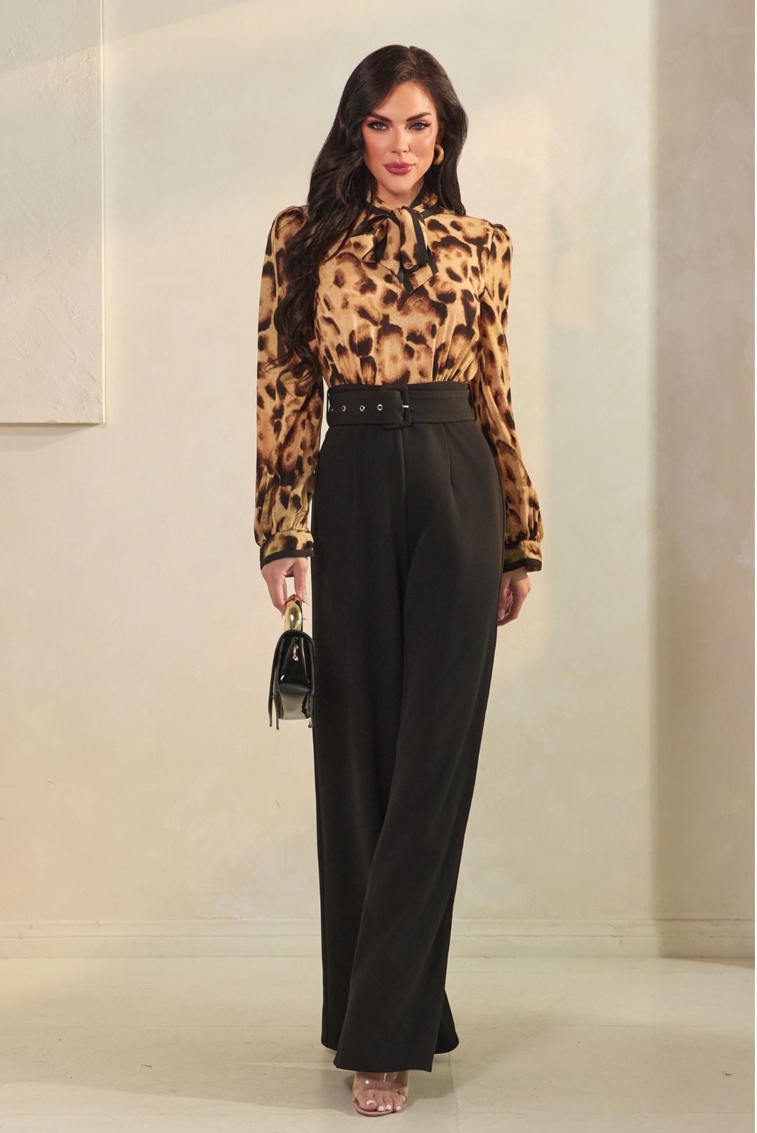 neck tie long sleeve 2 tone wide leg jumpsuit