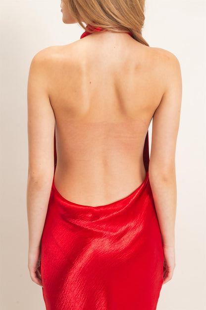 Satin Cowl Neck Halter Maxi Dress