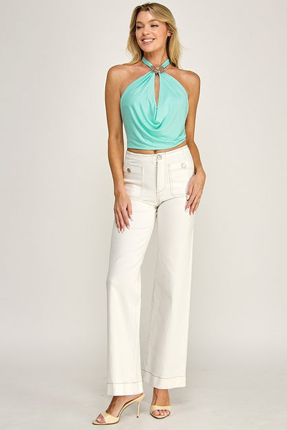 Jersey Halter Cowl Neck Open Back Top