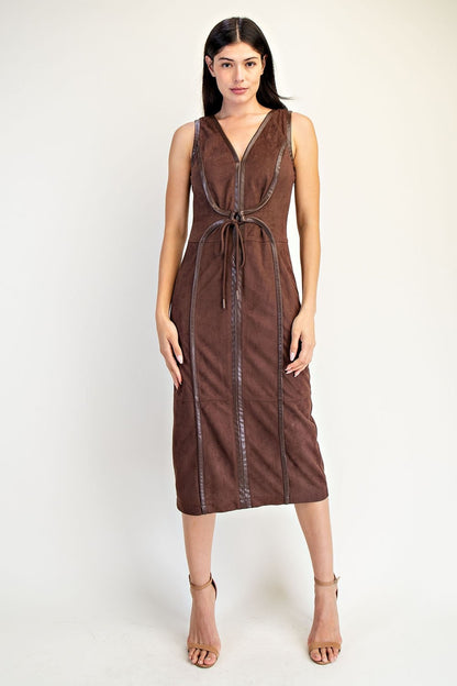 Faux Suede Leather Trim Sleeveless Midi Dress