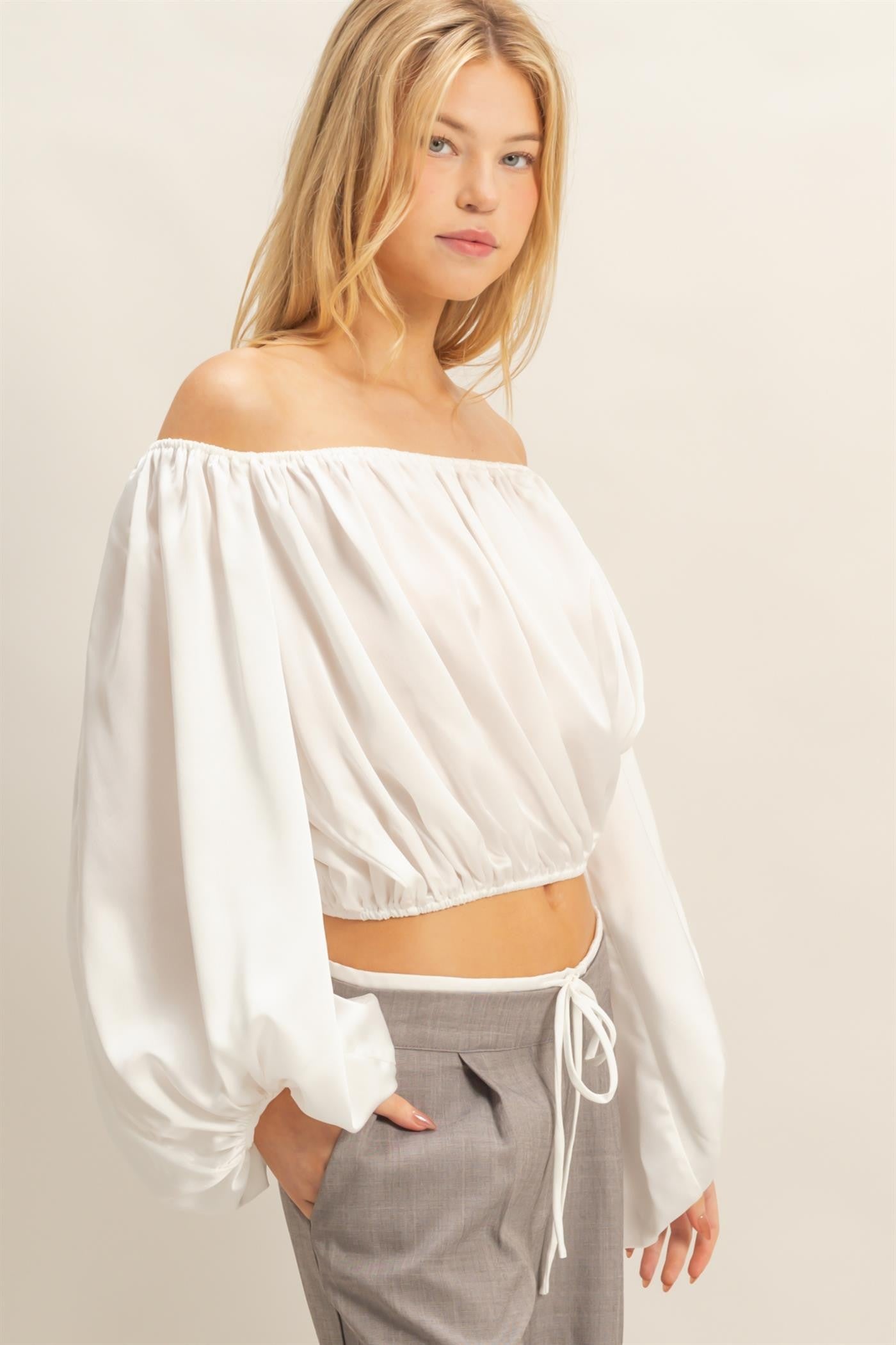 Balloon Sleeve Off the Shoulder Satin Blouse