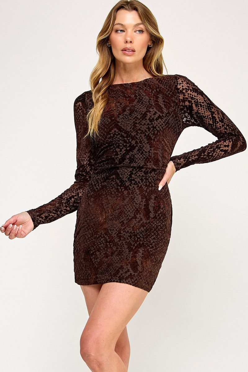 Snakeskin Mesh Long Sleeve Mini Dress