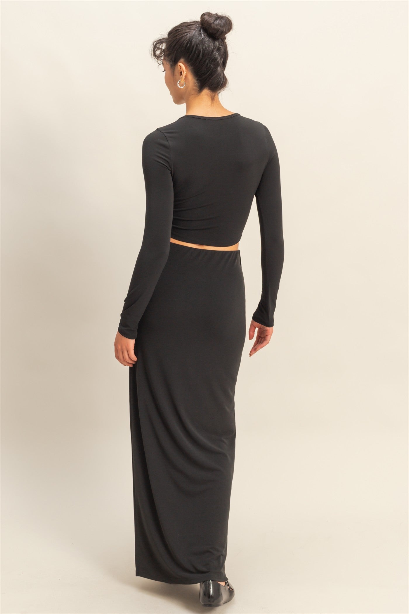 2pc set-Long Sleeve Crop Top & High Slit Maxi Skirt