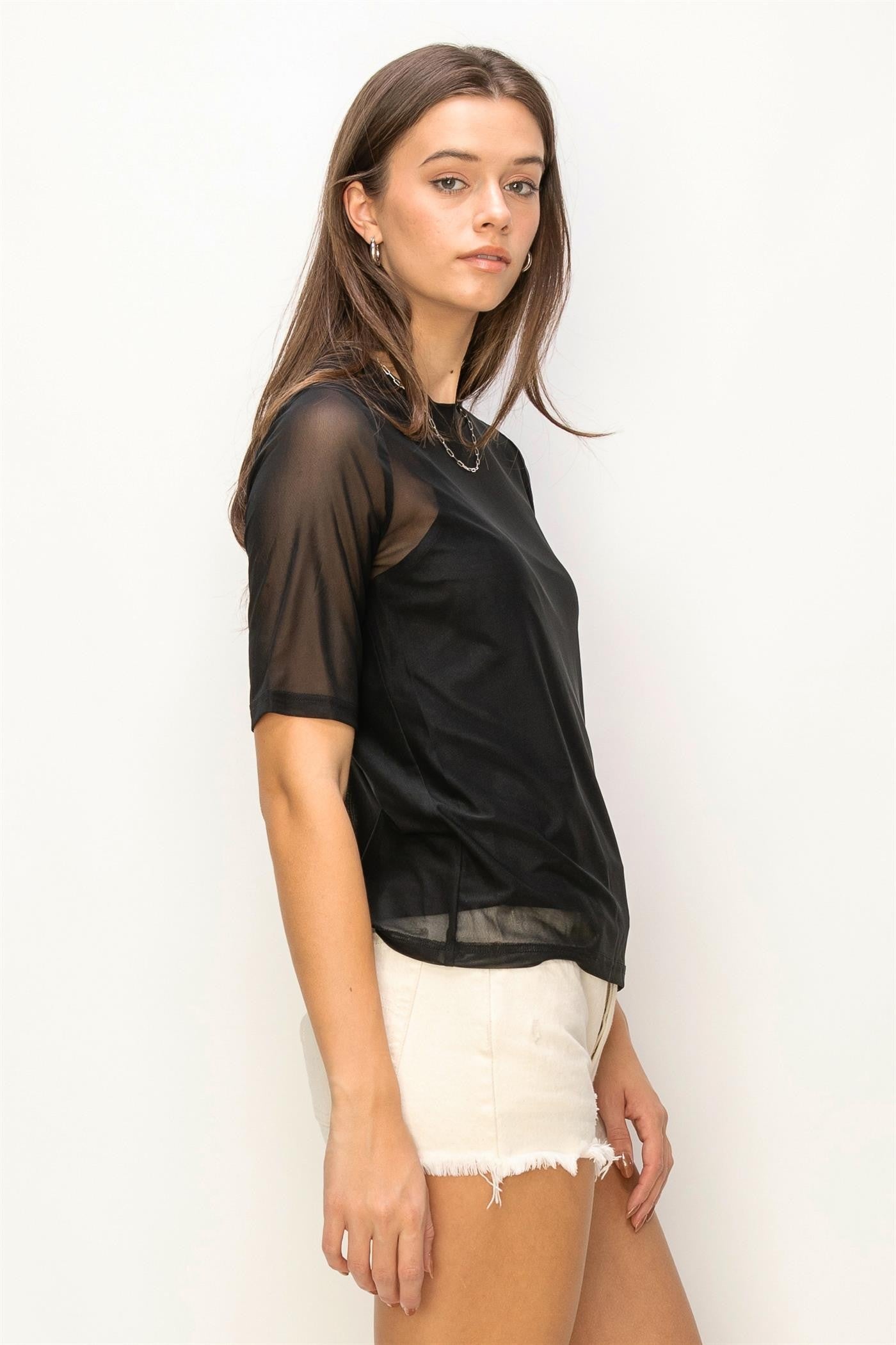 lined short sleeve mesh top