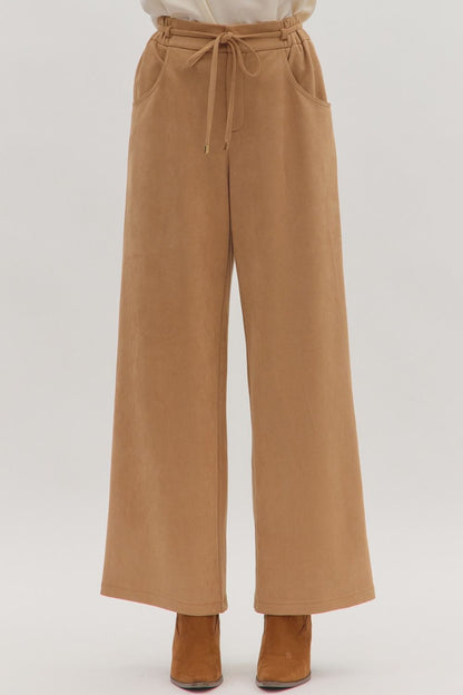 suede elastic waist wide leg pants