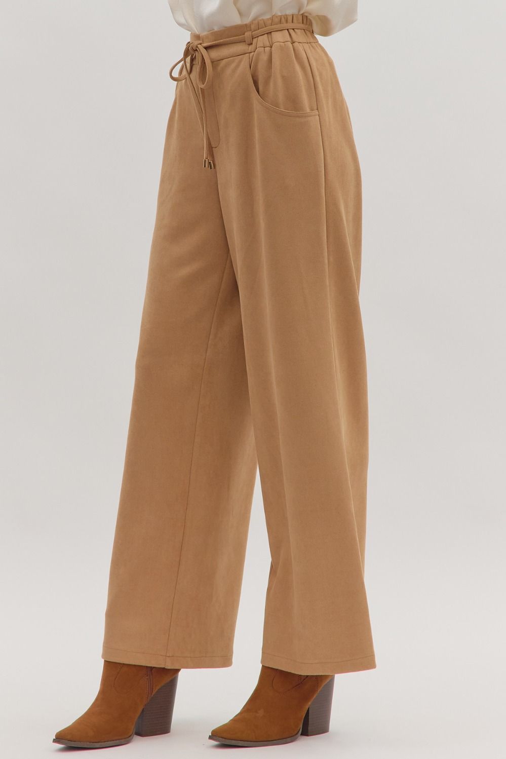suede elastic waist wide leg pants