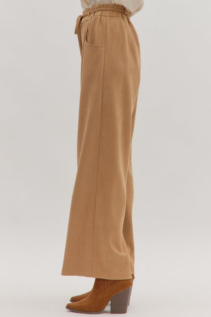 suede elastic waist wide leg pants