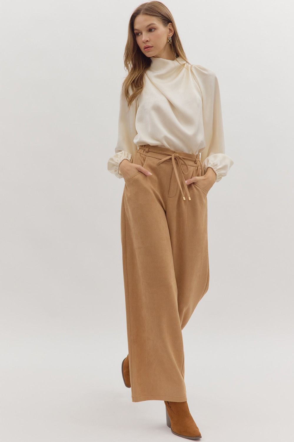 suede elastic waist wide leg pants