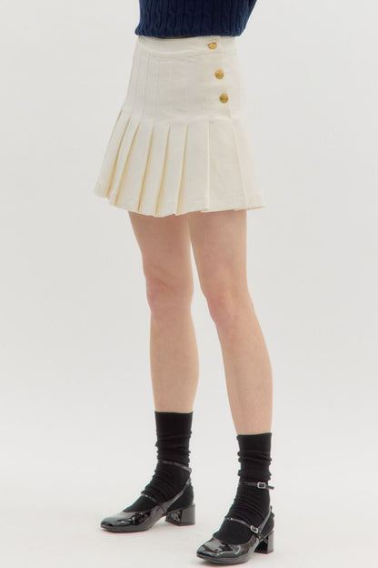 gold button pleated denim skirt