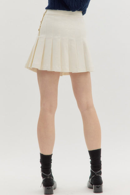 gold button pleated denim skirt