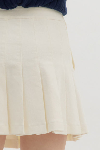 gold button pleated denim skirt