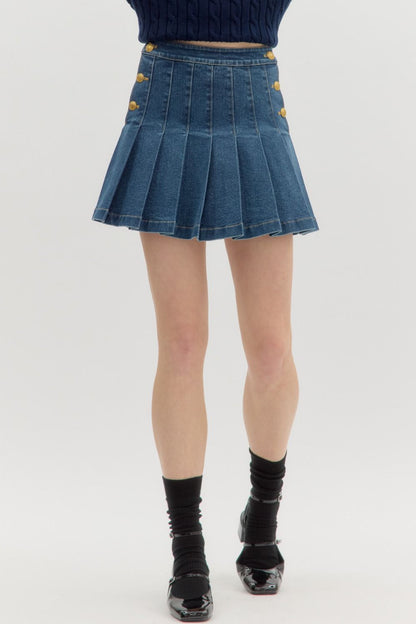 gold button pleated denim skirt