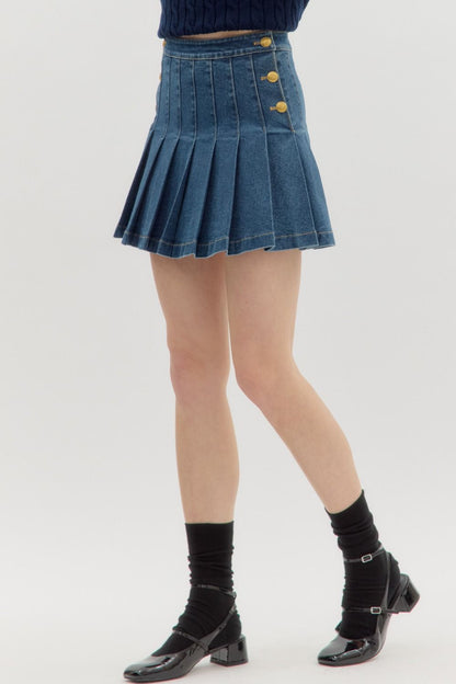 gold button pleated denim skirt