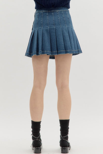gold button pleated denim skirt