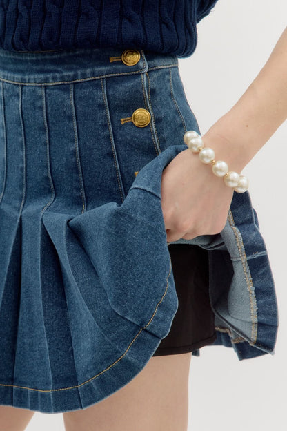 gold button pleated denim skirt