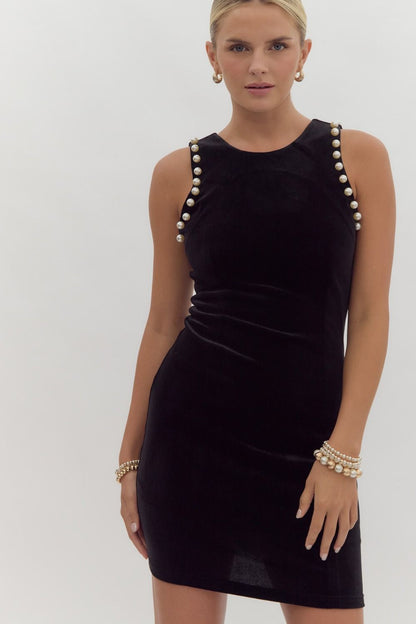 pearl trim velvet sleeveless dress