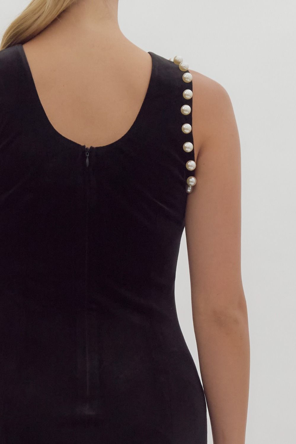 pearl trim velvet sleeveless dress