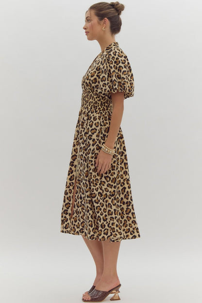 leopard print puff sleeve zip up midi dress