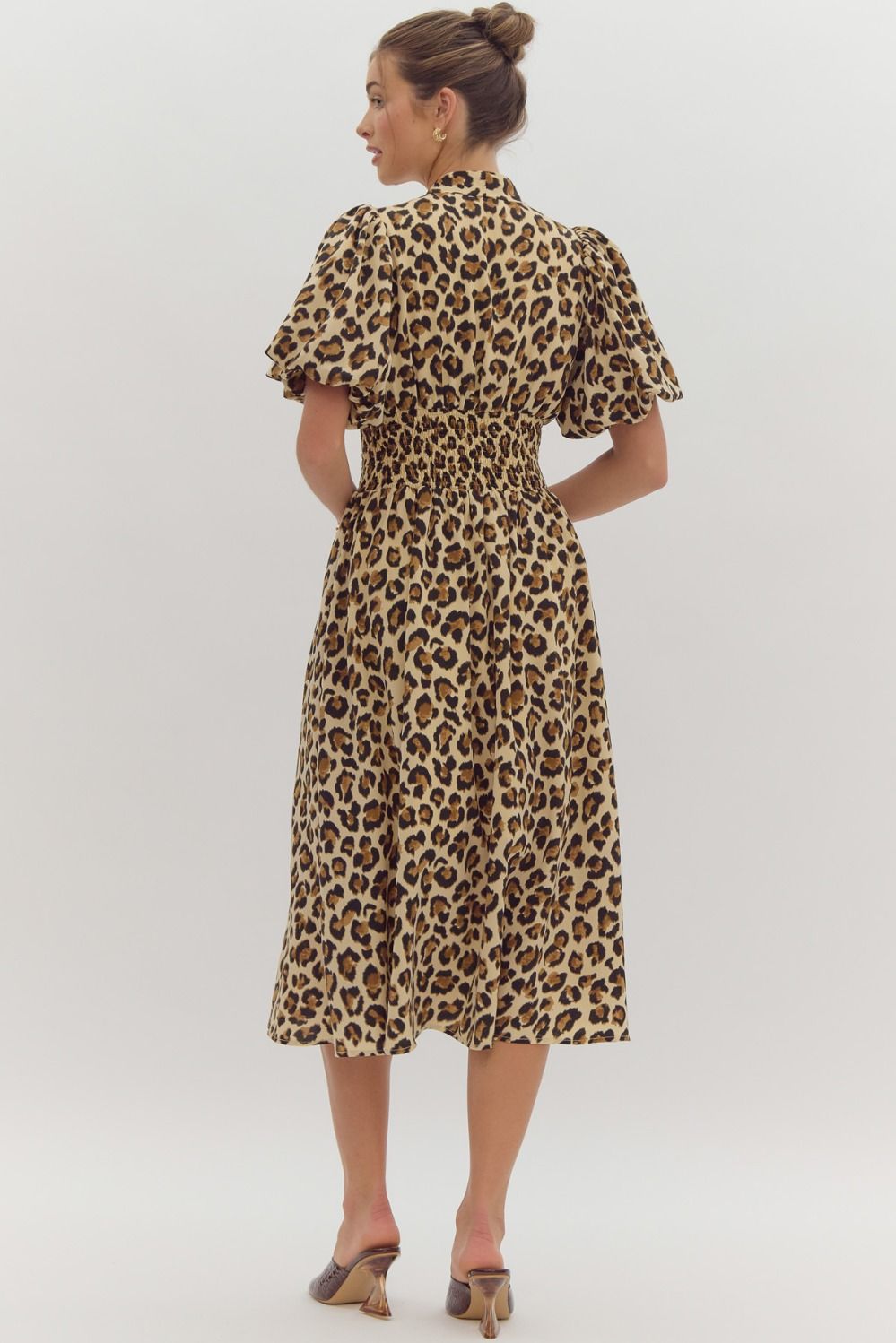 leopard print puff sleeve zip up midi dress