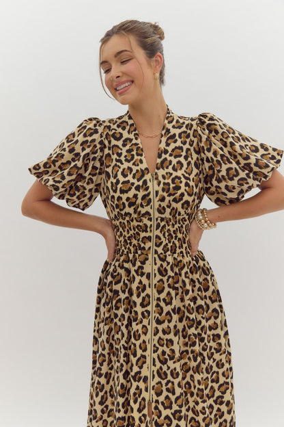 leopard print puff sleeve zip up midi dress