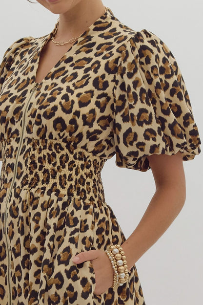 leopard print puff sleeve zip up midi dress