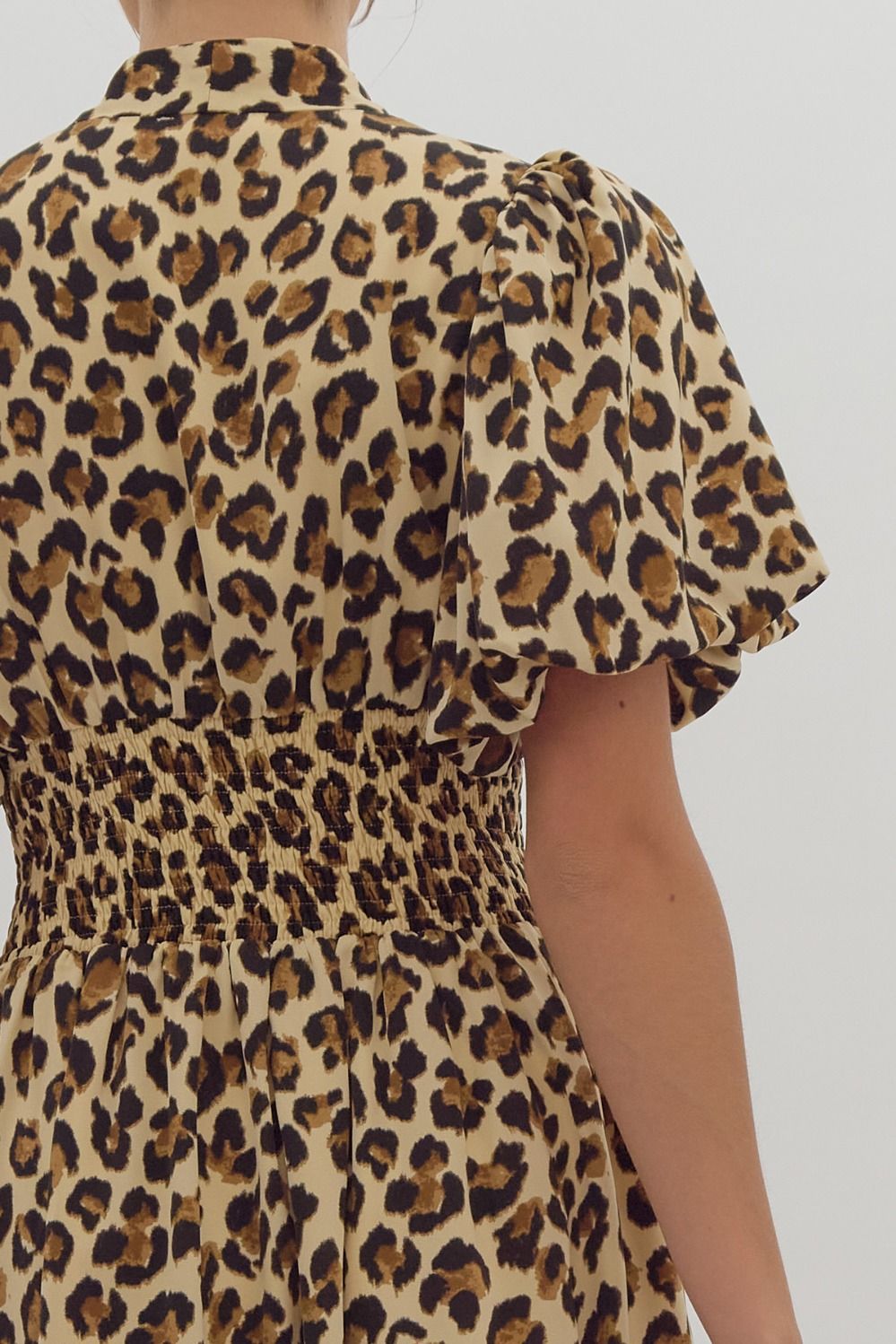 leopard print puff sleeve zip up midi dress