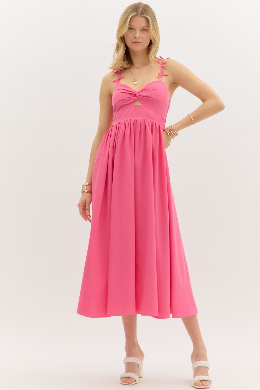 bow straps twist front top pullover midi dress