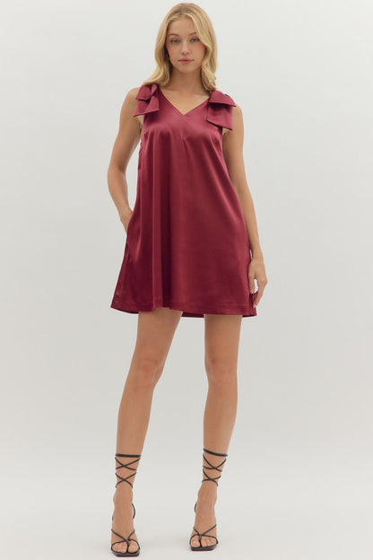 satin bow shoulder a line dress