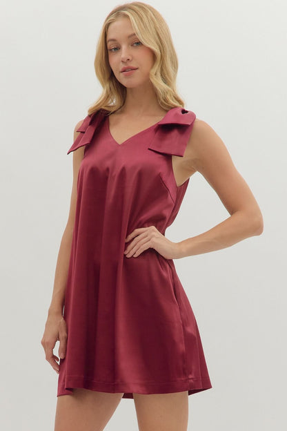 satin bow shoulder a line dress