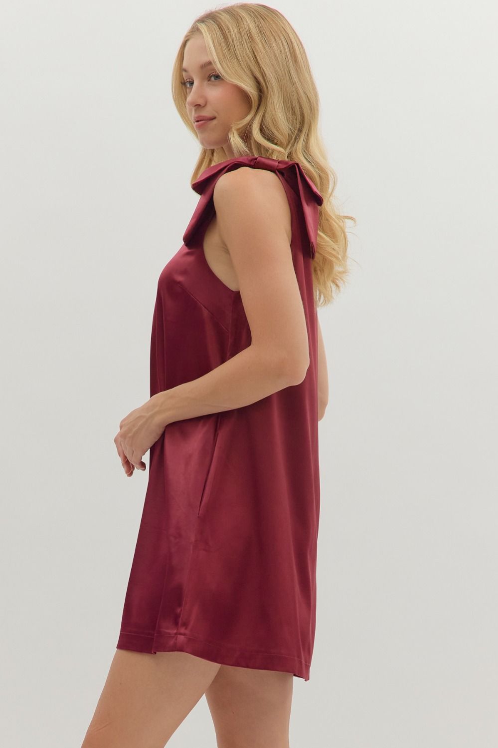 satin bow shoulder a line dress