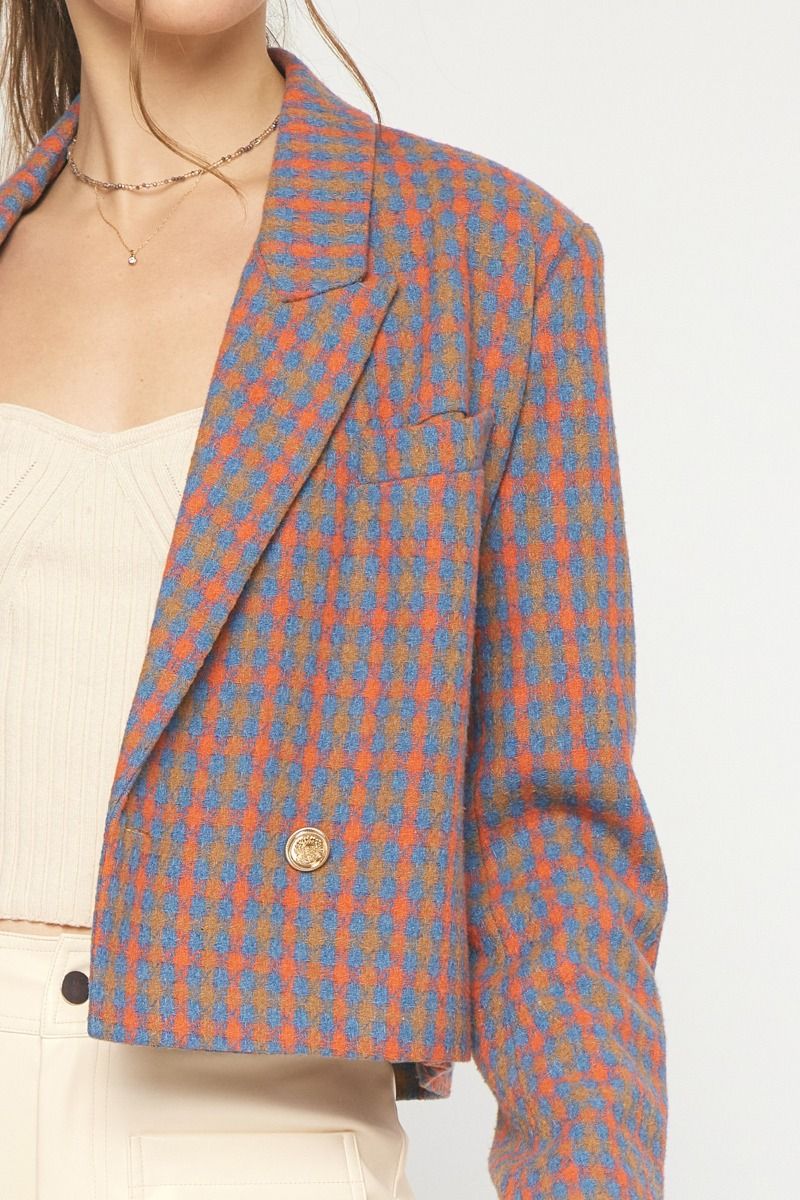 plaid cropped double breasted blazer