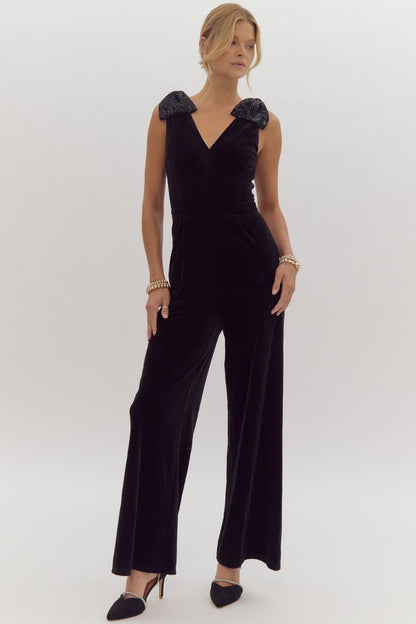 sequin bow shoulders v-neck velvet jumpsuit