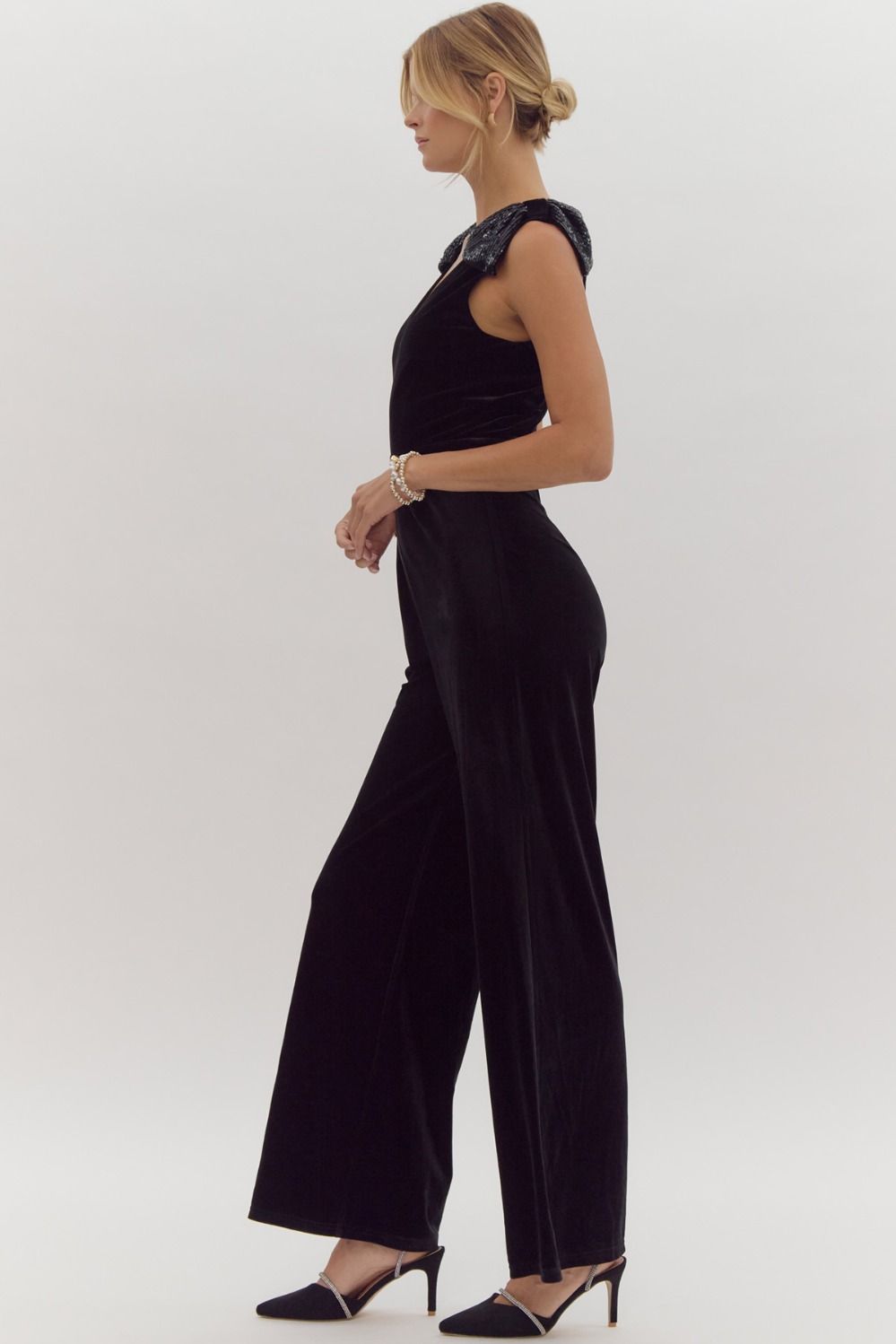 sequin bow shoulders v-neck velvet jumpsuit