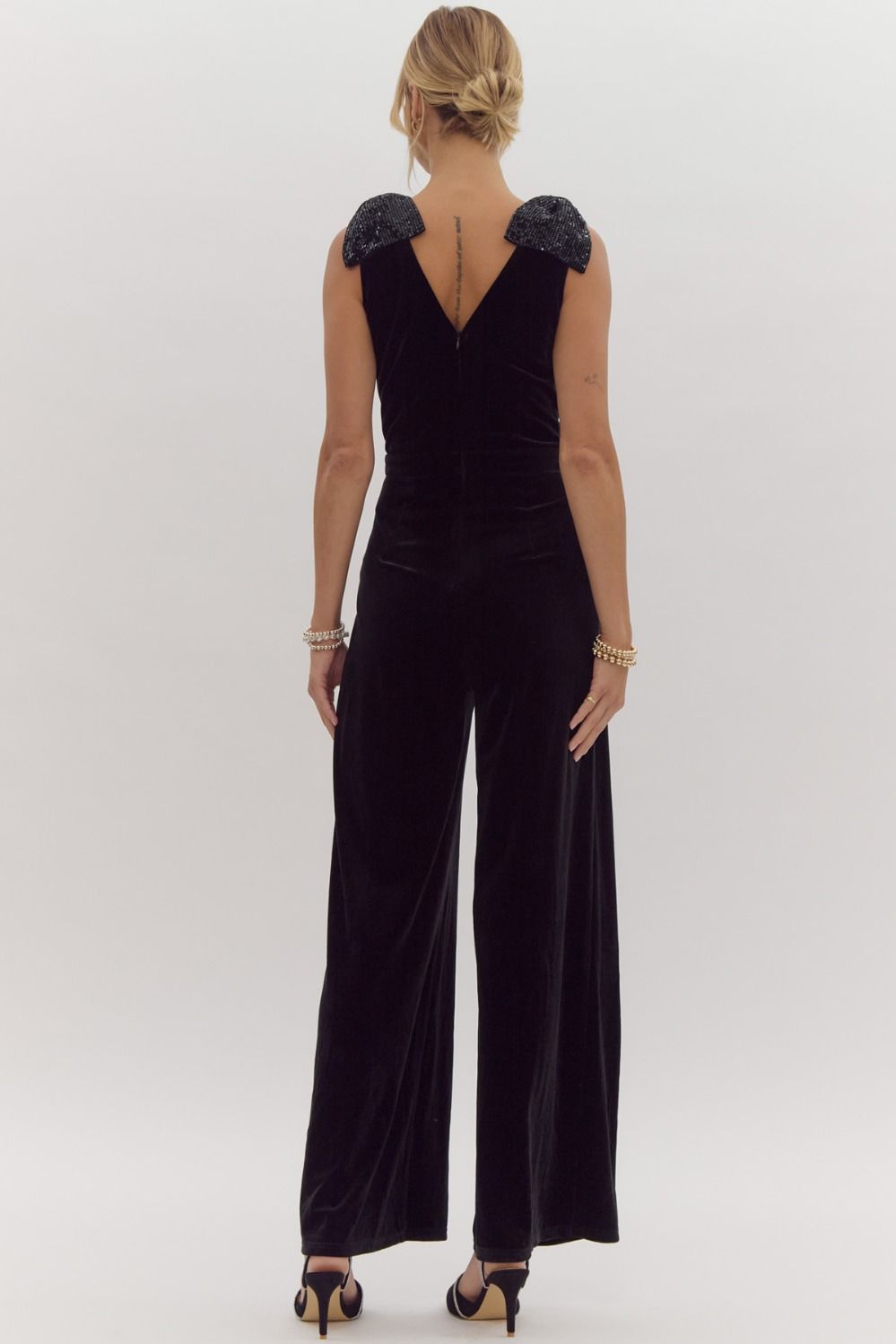 sequin bow shoulders v-neck velvet jumpsuit