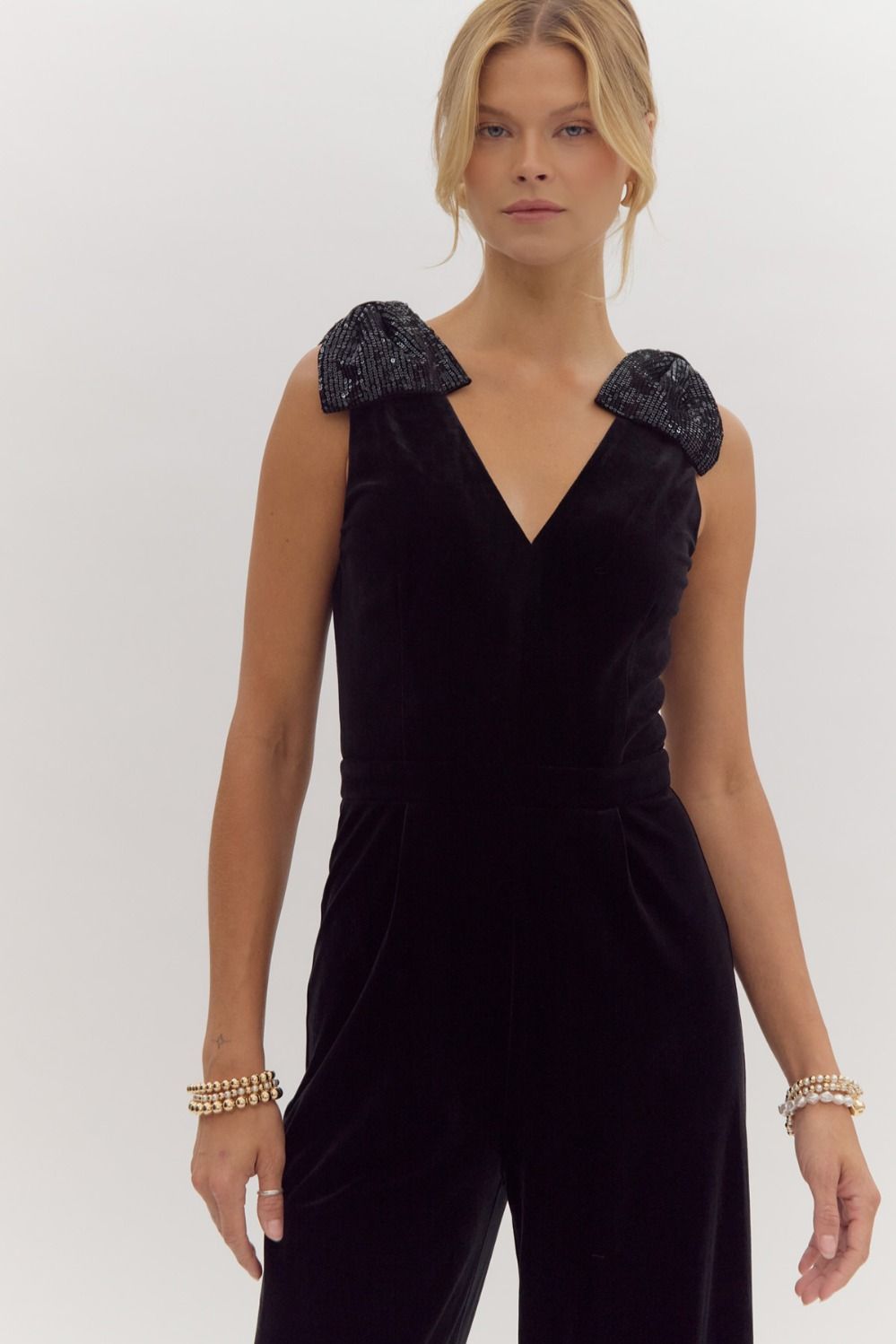 sequin bow shoulders v-neck velvet jumpsuit