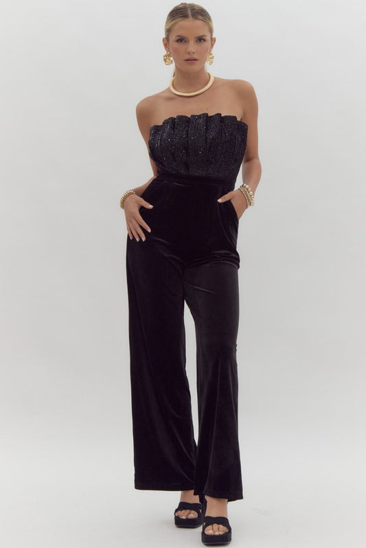 Velvet sequin embellished strapless jumpsuit