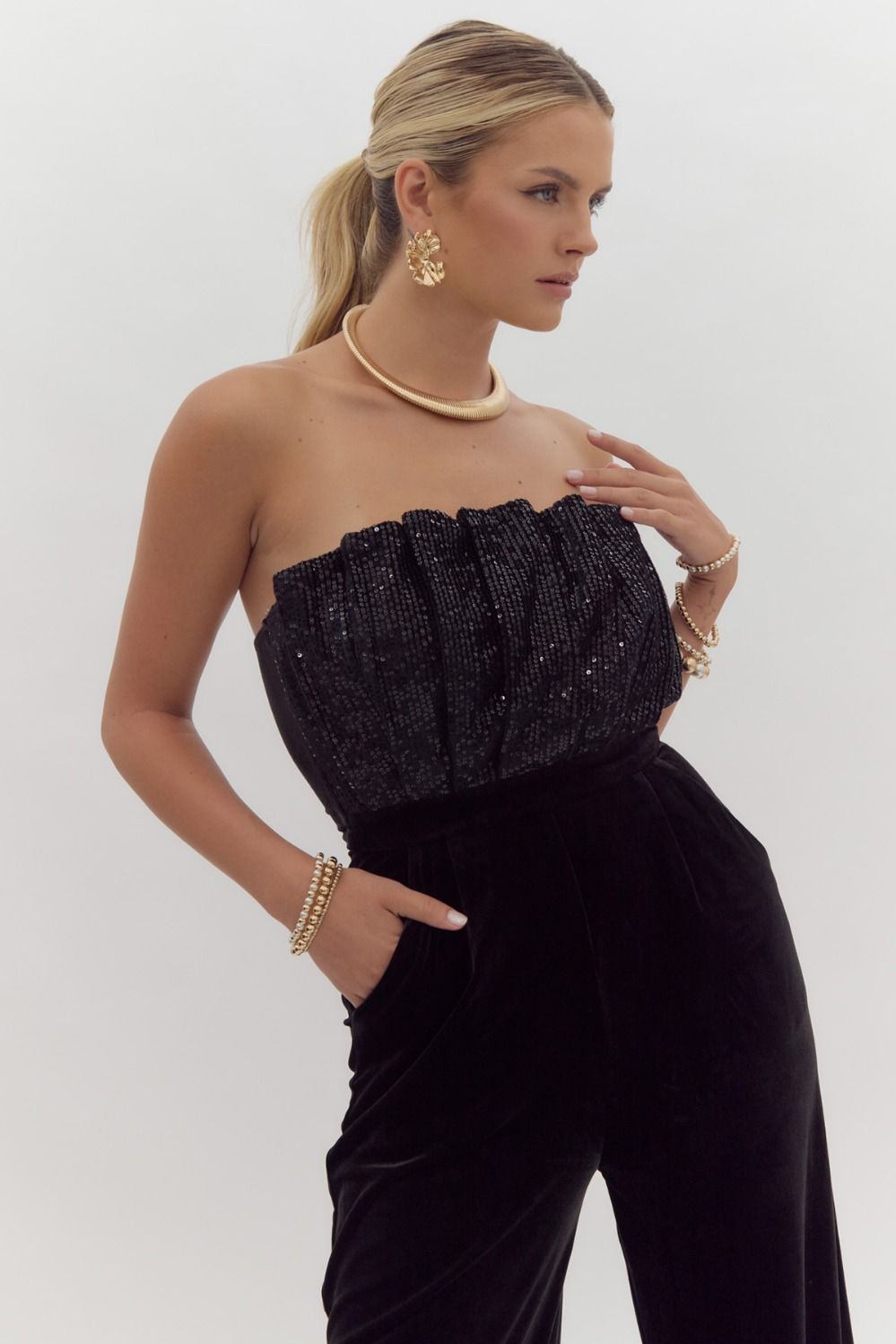 Velvet sequin embellished strapless jumpsuit