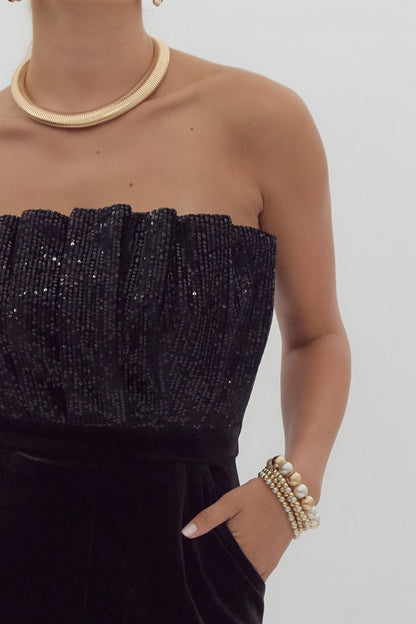 Velvet sequin embellished strapless jumpsuit