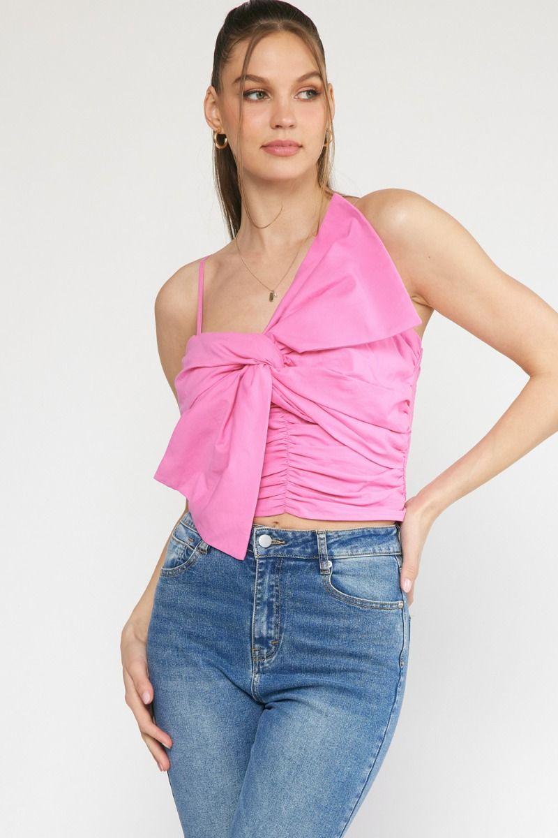 spaghetti strap ruched bow front crop top