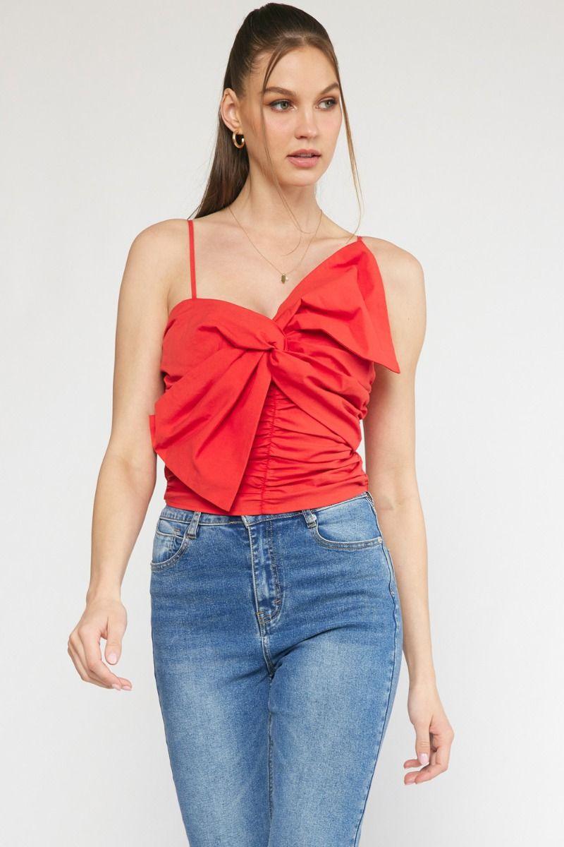 spaghetti strap ruched bow front crop top