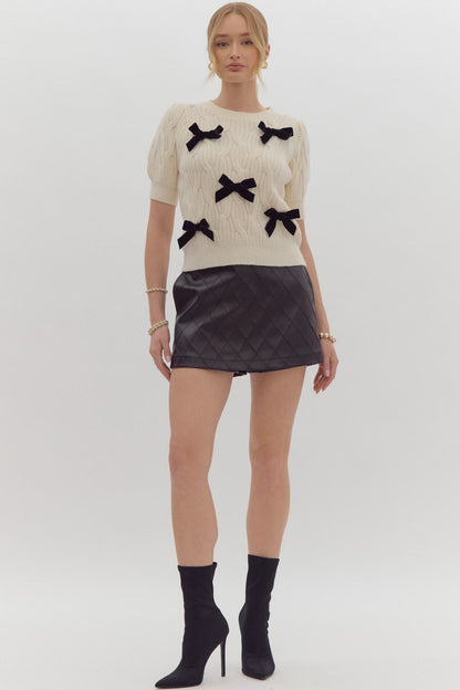 coquette bows cable knit short sleeve sweater