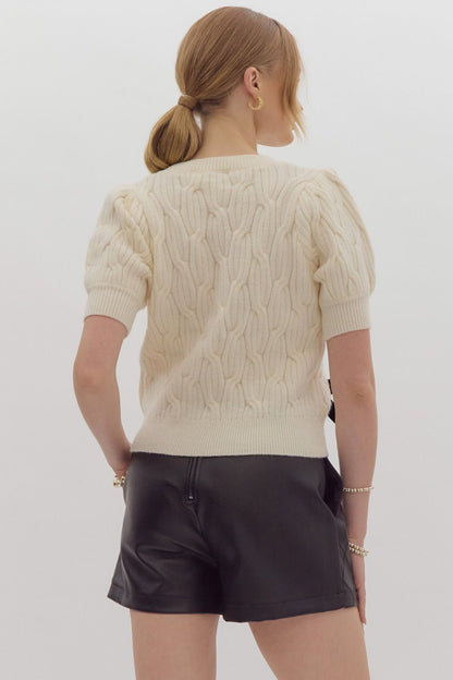 coquette bows cable knit short sleeve sweater