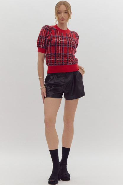 plaid short sleeve plaid sweater top