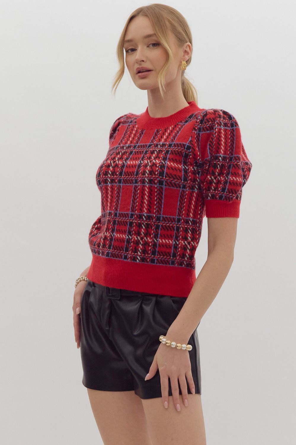 plaid short sleeve plaid sweater top