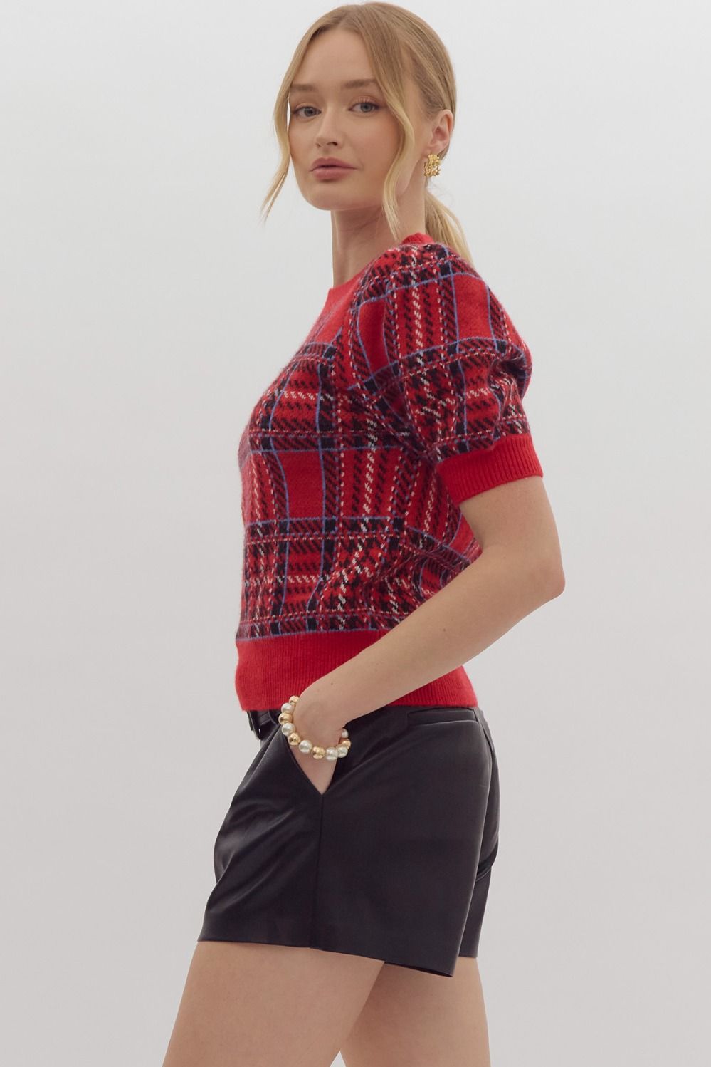 plaid short sleeve plaid sweater top