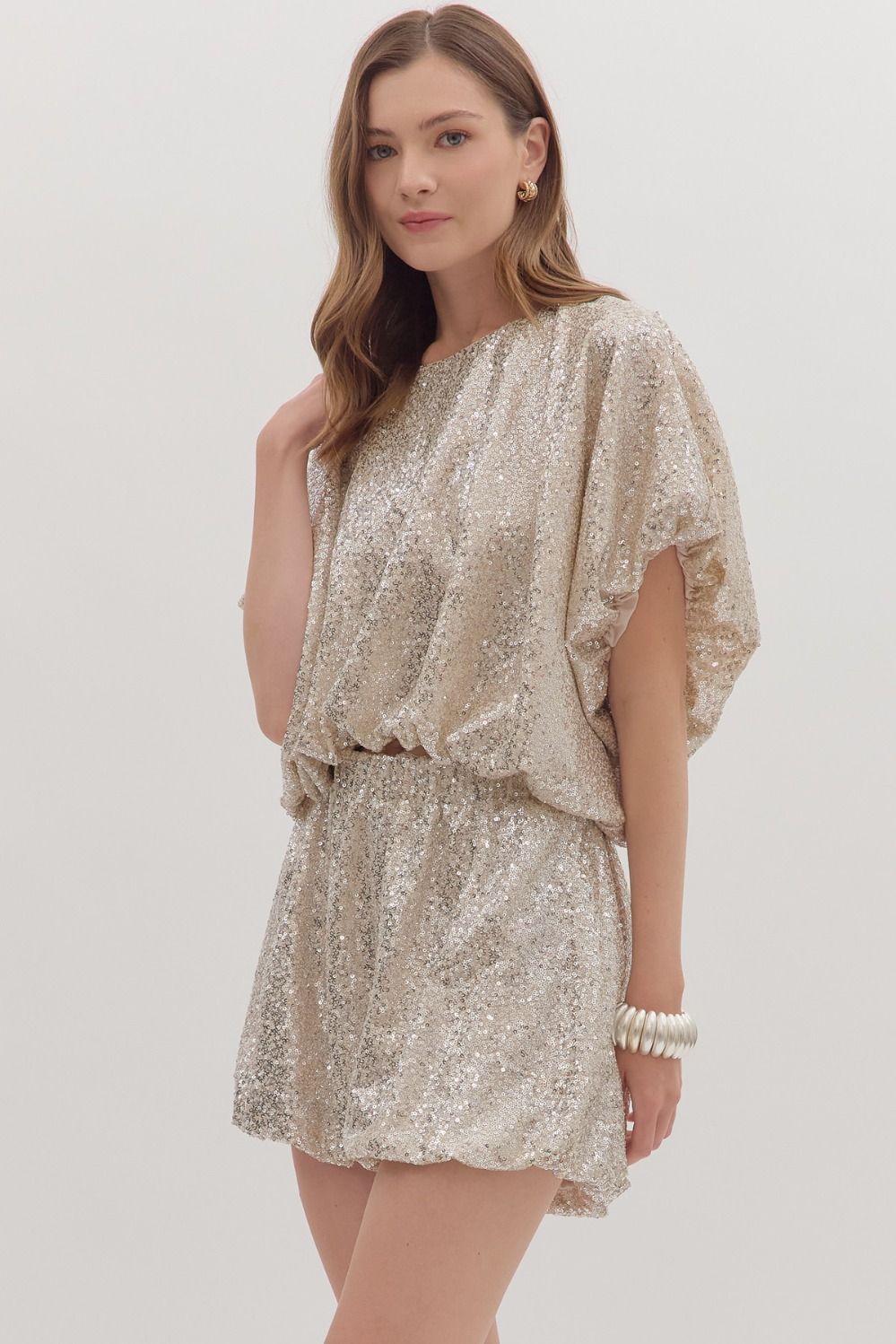Sequin bubble hem short sleeve top