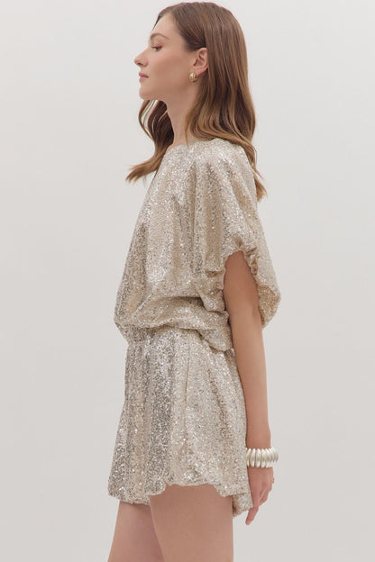 Sequin bubble hem short sleeve top