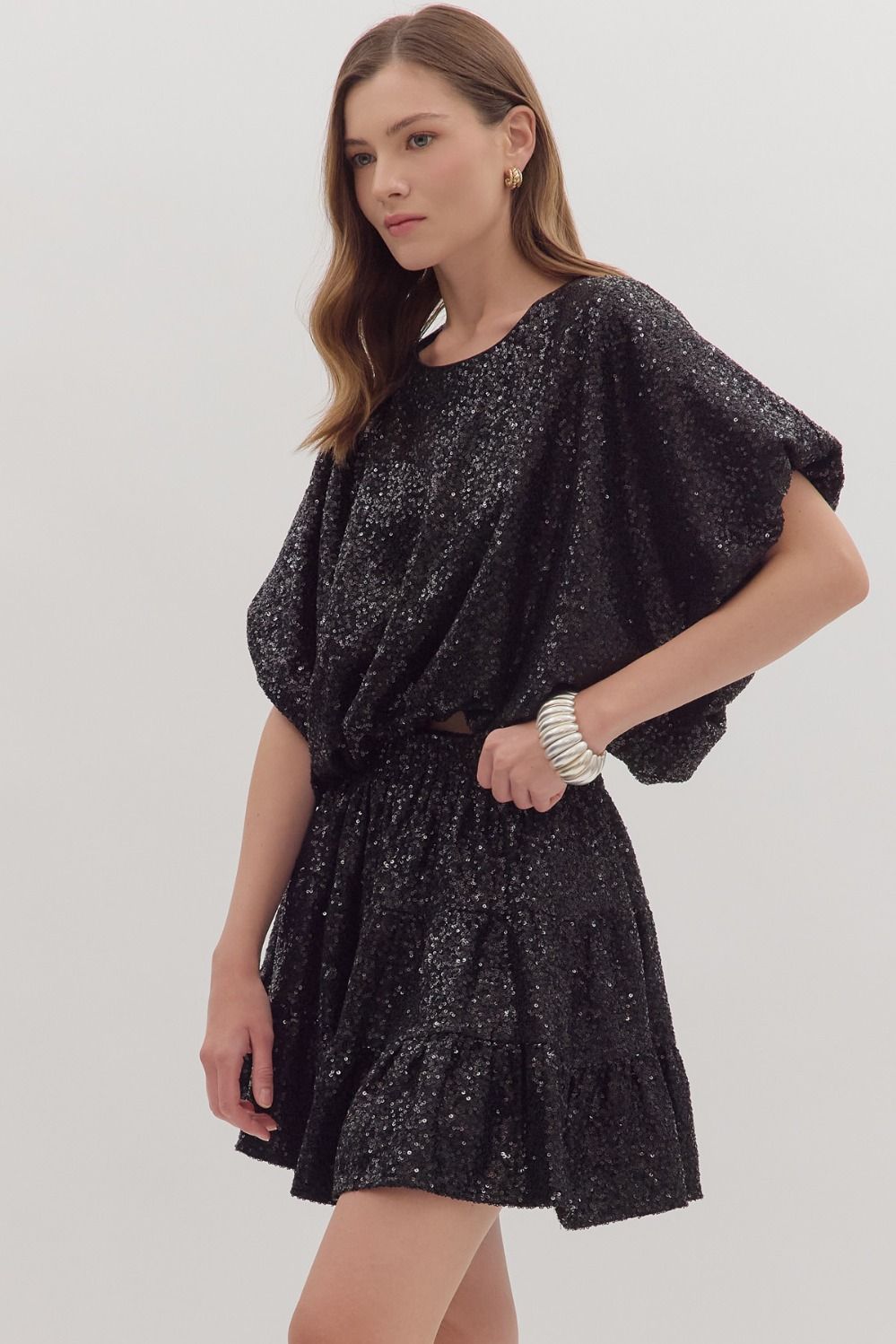Sequin bubble hem short sleeve top